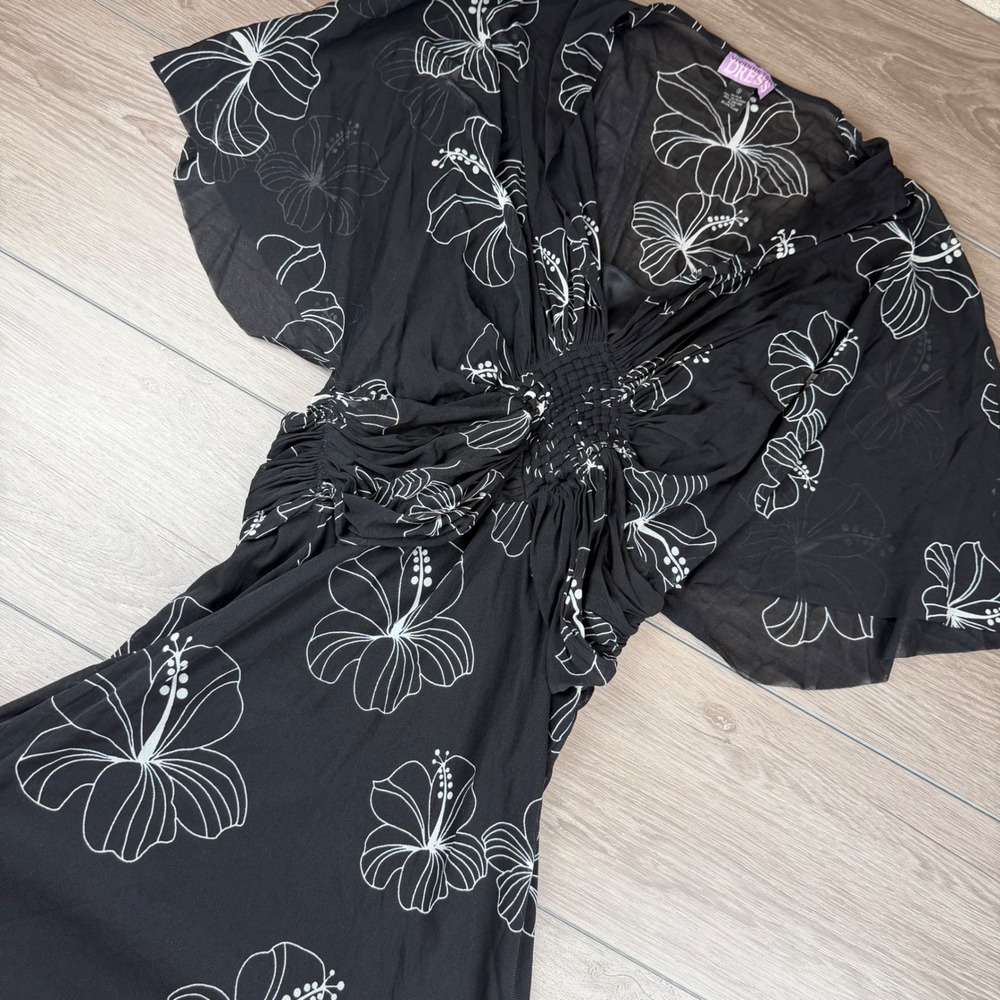 Vivienne Tam Women Dress Hibiscus Floral Mesh Smocked Black White Size 3